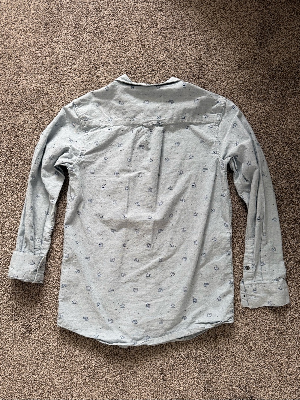Boy’s Urban Youth Light Blue Grey Breakfast Print Button-Up Long Sleeve Shirt - Picture 2 of 8